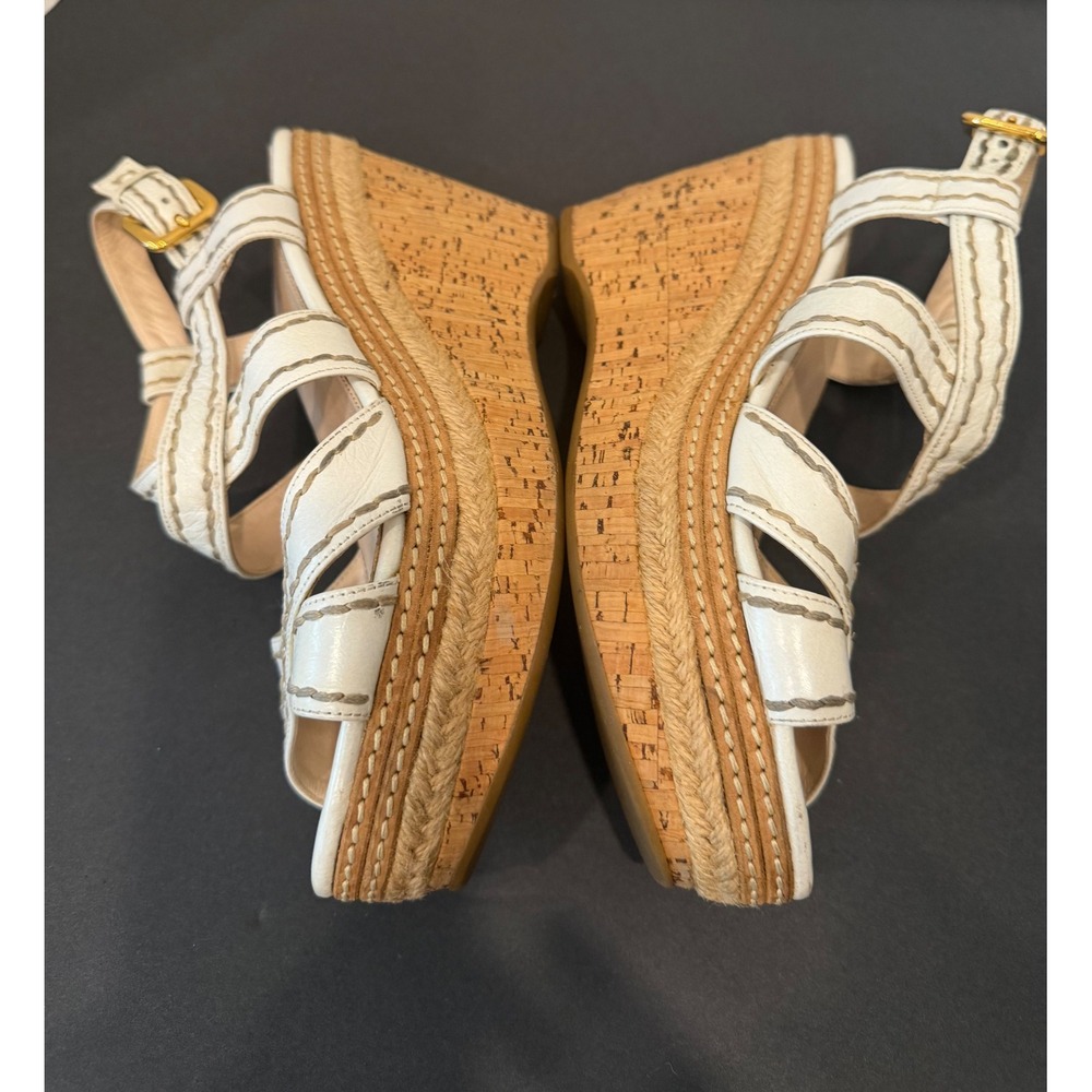 Prada White Whipstitch Leather Espadrille Platform Wedge Sandals Sz 7.5 - Picture 4 of 9